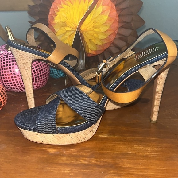 Coach ‘Dani’ Denim Blue & Cork Heels, Buckle Strap, Size 11B - Picture 1 of 15